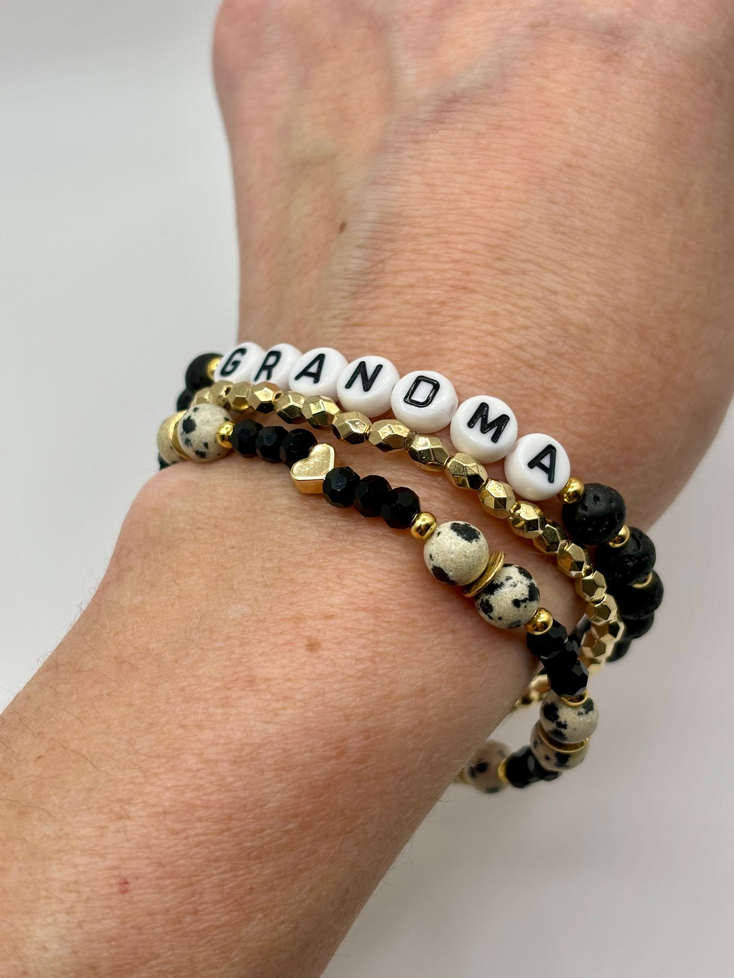 Grandma (or Custom) Dalmatian bead bracelet stack