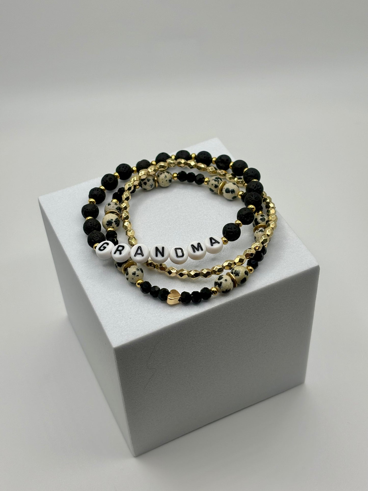 Grandma (or Custom) Dalmatian bead bracelet stack